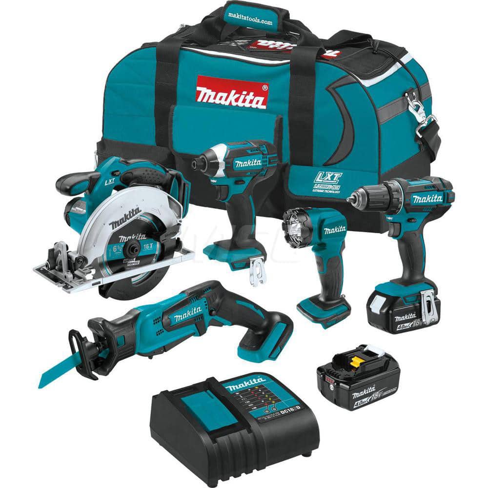 Cordless Tool Combination Kit: 18V 18V LXT 1/2″Driver-Drill (XFD10Z), 18V LXT Impact Driver (XDT11Z), 18V LXT 6-1/2″Circular Saw (XSS02Z), 18V LXT Compact Recipro Saw (XRJ01Z), 18V LXT L.E.D. Flashlight (DML815), (2) 18V LXT Lithium-Ion 4.0Ah Battery
