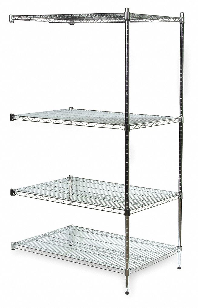 Add-On Wire Shelving Unit, 36"W x 18"D x 74"H, 4 Shelves, Chrome Plated Finish, Silver