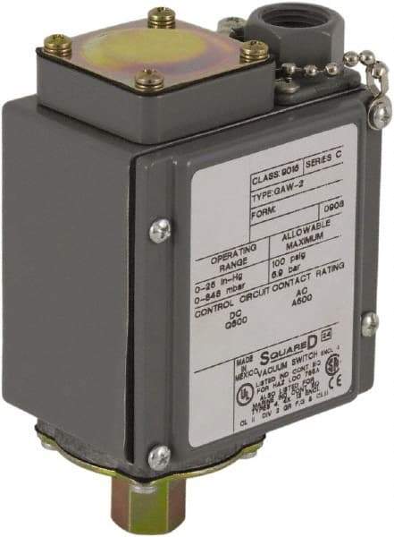 Square D - 4, 13 and 4X NEMA Rated, SPDT, 0.2 to 10 psi, Vacuum Switch Pressure and Level Switch - Adjustable Pressure, 120 VAC, 125 VDC, 240 VAC, 250 VDC, Screw Terminal - Exact Tool & Supply