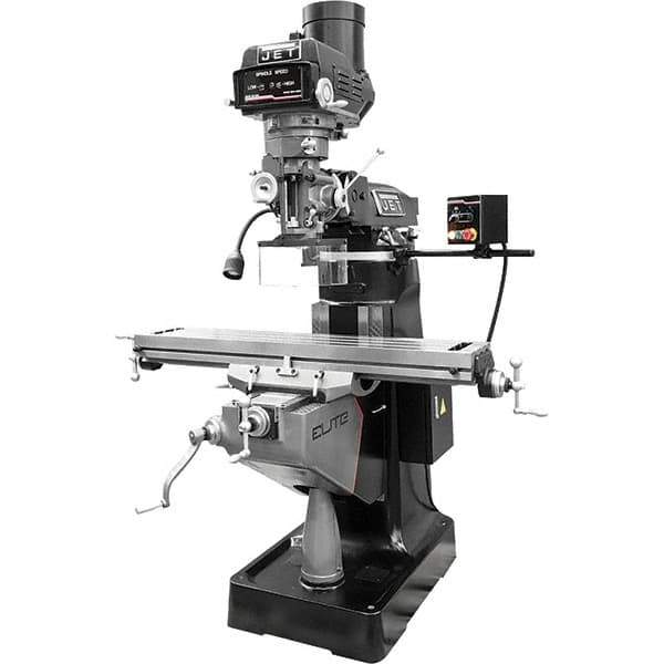 Jet - 9" Table Width x 49" Table Length, Variable Speed Pulley Control, 3 Phase Knee Milling Machine - R8 Spindle Taper, 3 hp - Exact Tool & Supply