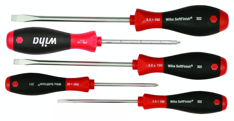 5 Piece - SoftFinish® Cushion Grip Screwdriver Set - #30295 - Includes: Slotted 3.0 - 6.5mm Phillips #1 - 2 - Exact Tool & Supply