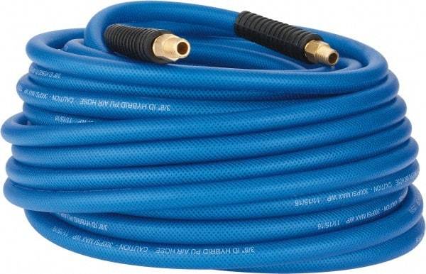 PRO-SOURCE - 3/8" ID x 0.6102" OD 100' Long Multipurpose Air Hose - MNPT(Swivel) x MNPT(Swivel) Ends, 300 Working psi, -40 to 176°F, 1/4" Fitting, Transparent Blue - Exact Tool & Supply