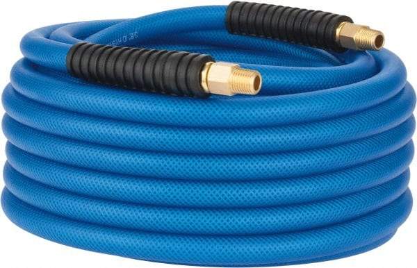PRO-SOURCE - 3/8" ID x 0.6102" OD 50' Long Multipurpose Air Hose - MNPT(Swivel) x MNPT(Swivel) Ends, 300 Working psi, -40 to 176°F, 1/4" Fitting, Transparent Blue - Exact Tool & Supply