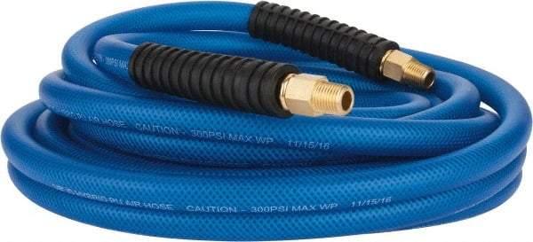 PRO-SOURCE - 3/8" ID x 0.6102" OD 25' Long Multipurpose Air Hose - MNPT(Swivel) x MNPT(Swivel) Ends, 300 Working psi, -40 to 176°F, 1/4" Fitting, Transparent Blue - Exact Tool & Supply