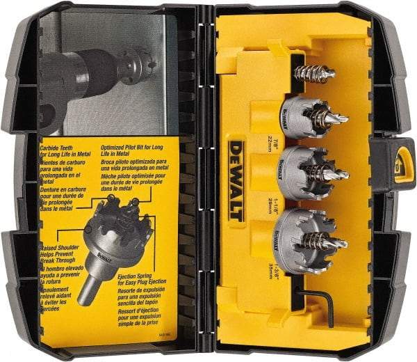 DeWALT - 5 Piece, 7/8" to 1-3/8" Saw Diam, Hole Saw Kit - Carbide-Tipped, Toothed Edge, Includes 3 Hole Saws - Exact Tool & Supply
