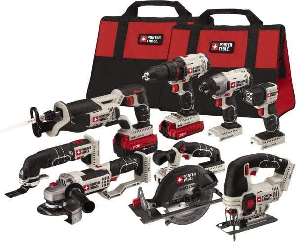 Porter-Cable - 20 Volt Cordless Tool Combination Kit - Includes 1/2" Drill/Driver, 1/4" Impact Driver, 6-1/2" Circular Saw, Reciprocating Tiger Saw, Jig Saw, Oscillating Multi-Tool, Cut-Off Tool/Grinder & Flashlight, Lithium-Ion Battery Included - Exact Tool & Supply