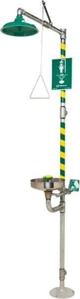 Haws - 1-1/4" Inlet, 20 GPM shower Flow, Drench shower, Eye & Face Wash Station - Bowl, Triangular Pull Rod & Push Flag Activated, Galvanized Steel Pipe, Plastic Shower Head, 3.7 GPM Bowl Flow, Inline Strainer, Top or Mid Supply - Exact Tool & Supply