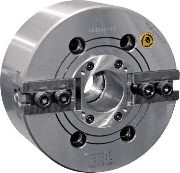 Bison - 2 Jaw, 8.26" Chuck Diam, Plain Back Mount, 52mm Through Hole Diam, Drawtube Hydraulic Power Lathe Chuck - 1.5mm x 60° Serrated Jaw Interface, 0.6299 to 7.874" Jaw Capacity, 5,000 RPM, High Speed Steel Body - Exact Tool & Supply