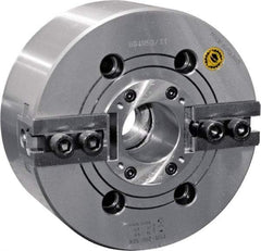 Bison - 2 Jaw, 8.26" Chuck Diam, Plain Back Mount, 52mm Through Hole Diam, Drawtube Hydraulic Power Lathe Chuck - 1.5mm x 60° Serrated Jaw Interface, 0.6299 to 7.874" Jaw Capacity, 5,000 RPM, High Speed Steel Body - Exact Tool & Supply