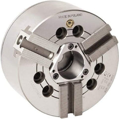 Bison - 3 Jaw, 12.4" Chuck Diam, Plain Back Mount, 91mm Through Hole Diam, Drawtube Hydraulic Power Lathe Chuck - 1.5mm x 60° Serrated Jaw Interface, 1.5748 to 11.9291" Jaw Capacity, 3,300 RPM, High Speed Steel Body - Exact Tool & Supply