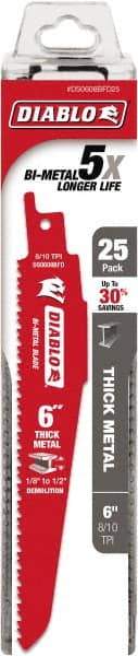 Freud - 6" Long x 1" Thick, Bi-Metal Reciprocating Saw Blade - Tapered Profile, 8 to 10 TPI, Toothed Edge, Tang Shank - Exact Tool & Supply