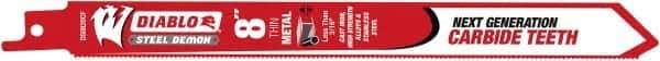 Freud - 8" Long x 1" Thick, Carbide Reciprocating Saw Blade - Straight Profile, 20 TPI, Toothed Edge, Tang Shank - Exact Tool & Supply