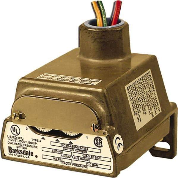 Barksdale - 0.4 to 18 psi Adjustable Range, 60 Max psi, Diaphragm Pressure Switch - 1/4 NPT Female, 18in Free Leads, 2 x SPDT Contact, 304SS Wetted Parts, 0.5% Repeatability - Exact Tool & Supply