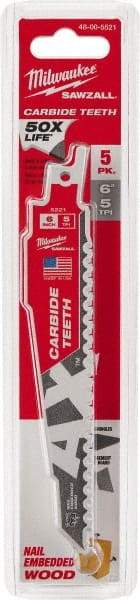 Milwaukee Tool - 6" Long x 1" Thick, Carbide Reciprocating Saw Blade - Tapered Profile, 5 TPI, Toothed Edge, Universal Shank - Exact Tool & Supply