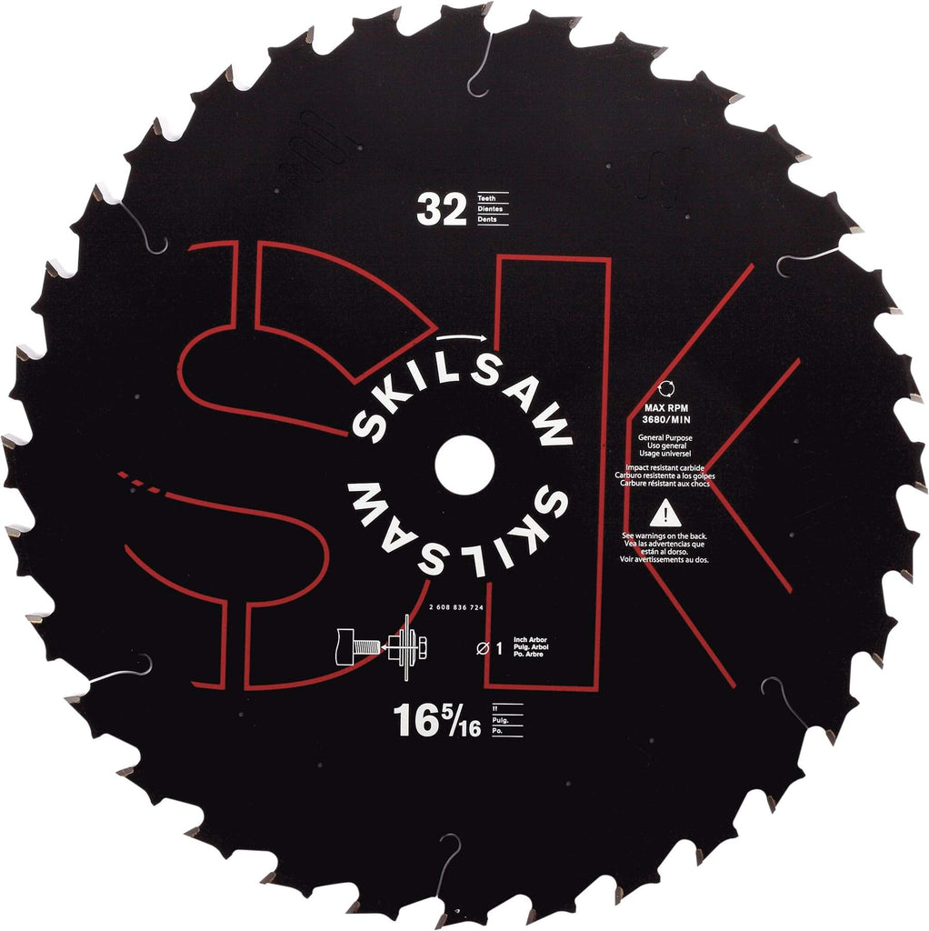 Skilsaw - 16-5/16" Diam, 1" Arbor Hole Diam, 32 Tooth Wet & Dry Cut Saw Blade - Carbide-Tipped, Cutoff Action, Standard Round Arbor - Exact Tool & Supply