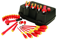 Insulated 3/8" Drive Metric Sockets 6.0 - 19.0mm; 2 Extension Bars; 3/8" Ratchet; Knife; Slotted & Phillips Drivers; 3 Pliers/Cutters in Storage Box. 24 Pieces - Exact Tool & Supply