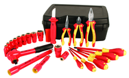 Insulated 1/2" Drive Metric Socket Set with 8.0 - 24.0mm Sockets; 2 Extension Bars; 1/2" Ratchet; Knife; Slotted & Phillips; 3 Pliers/Cutters in Storage Box. 24 Pieces - Exact Tool & Supply