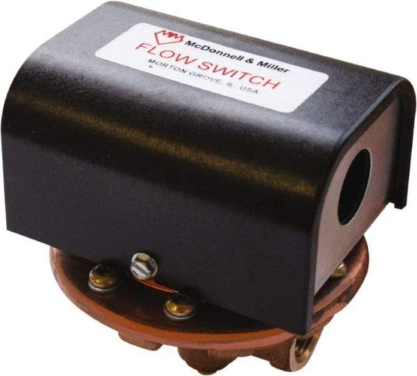 McDonnell & Miller - 100 psi, Brass Housing, Adjustable Paddle Flow Switch - 0.41 Flow Set Point, 1,863 Flow Point cc/min, 0.41 1.81 GPM, 120/240 Voltage, 1/2 Inch Thread Size - Exact Tool & Supply