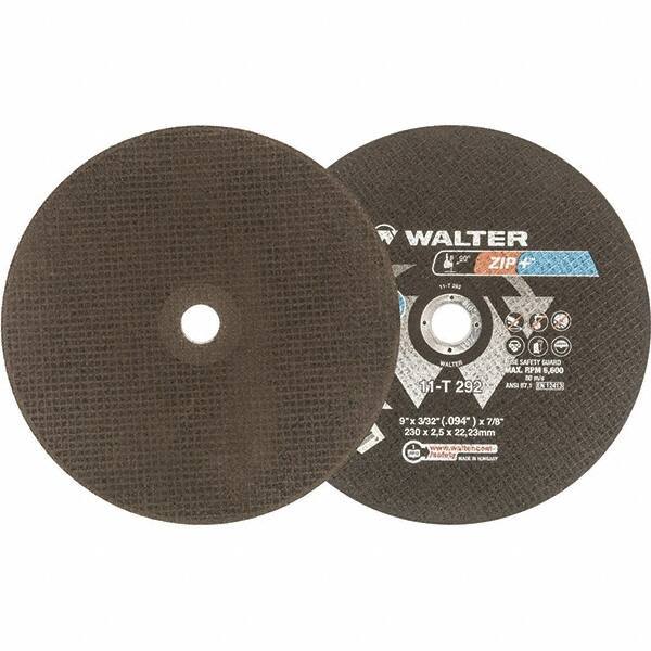 WALTER Surface Technologies - 9" 46 Grit Aluminum Oxide Cutoff Wheel - 3/32" Thick, 7/8" Arbor, 6,600 Max RPM, Use with Angle Grinders - Exact Tool & Supply