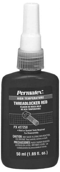 Permatex - 50 mL Bottle, Red, High Strength Liquid Threadlocker - Series 272, 24 hr Full Cure Time, Hand Tool, Heat Removal - Exact Tool & Supply
