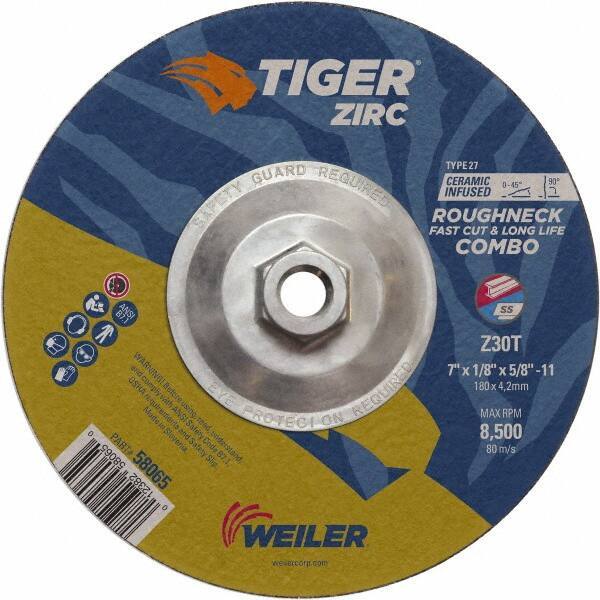 Weiler - 30 Grit, 9" Wheel Diam, Type 27 Depressed Center Wheel - Hard Grade, Zirconia Alumina, T Hardness, 8,500 Max RPM - Exact Tool & Supply