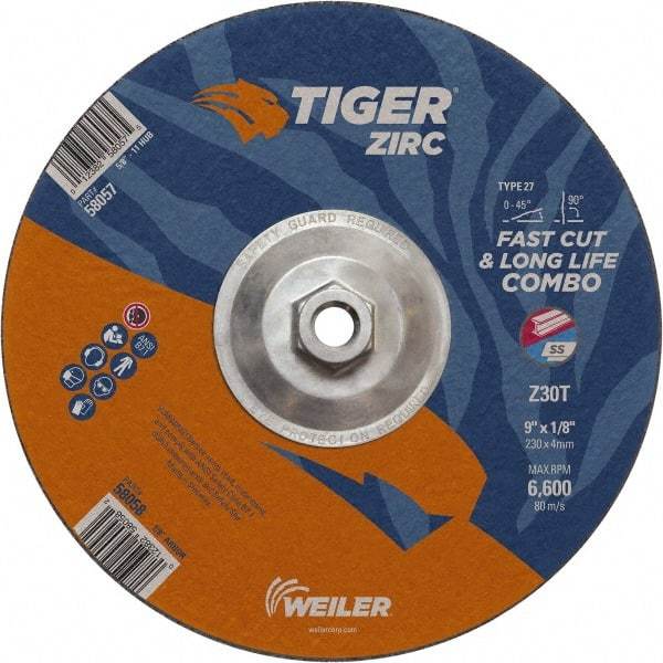 Weiler - 30 Grit, 9" Wheel Diam, Type 27 Depressed Center Wheel - Hard Grade, Zirconia Alumina, T Hardness, 6,600 Max RPM - Exact Tool & Supply