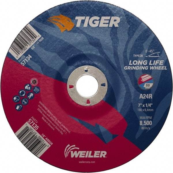 Weiler - 24 Grit, 7" Wheel Diam, 7/8" Arbor Hole, Type 28 Depressed Center Wheel - Medium Grade, Aluminum Oxide, R Hardness, 8,500 Max RPM - Exact Tool & Supply