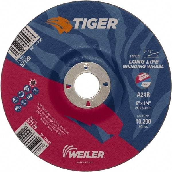 Weiler - 24 Grit, 6" Wheel Diam, 7/8" Arbor Hole, Type 27 Depressed Center Wheel - Medium Grade, Aluminum Oxide, R Hardness, 10,200 Max RPM - Exact Tool & Supply