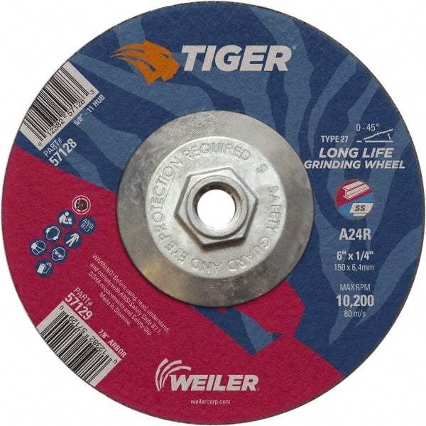 Weiler - 24 Grit, 6" Wheel Diam, Type 27 Depressed Center Wheel - Medium Grade, Aluminum Oxide, R Hardness, 10,200 Max RPM - Exact Tool & Supply
