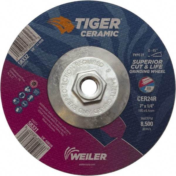 Weiler - 24 Grit, 7" Wheel Diam, Type 27 Depressed Center Wheel - Medium Grade, Ceramic, R Hardness, 8,500 Max RPM - Exact Tool & Supply