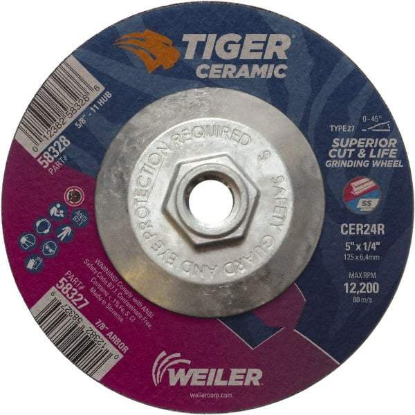 Weiler - 24 Grit, 5" Wheel Diam, Type 27 Depressed Center Wheel - Medium Grade, Ceramic, R Hardness, 12,200 Max RPM - Exact Tool & Supply