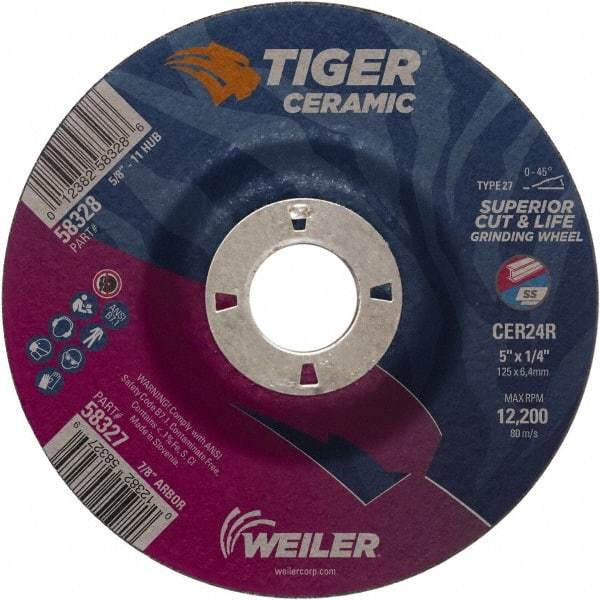 Weiler - 24 Grit, 5" Wheel Diam, 7/8" Arbor Hole, Type 27 Depressed Center Wheel - Medium Grade, Ceramic, R Hardness, 12,200 Max RPM - Exact Tool & Supply