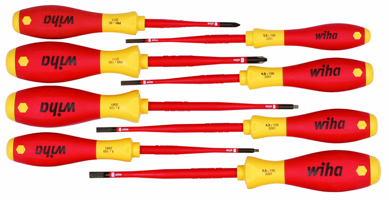 Insulated Slim Integrated Insulation 8 Piece Screwdriver Set Slotted 3.5; 4; 4.5; 5.5; Phillips #1 & 2; Square #1 & 2 - Exact Tool & Supply