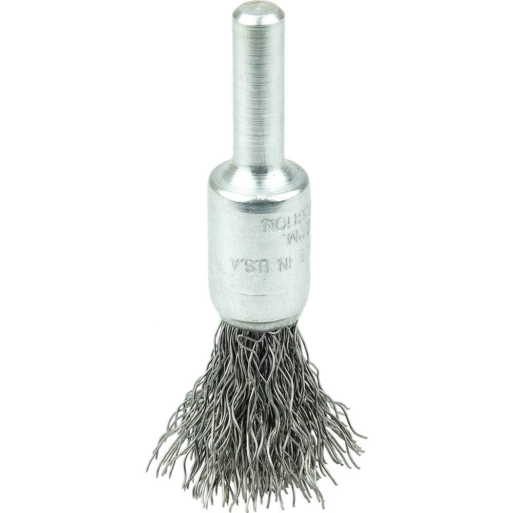 Weiler - End Brushes; Brush Diameter (Inch): 3/8 ; Fill Material: Steel ; Filament/Wire Diameter Range (Decimal Inch): 0.0201 and Above ; Filament/Wire Diameter (Decimal Inch): 0.0118 ; Wire Type: Crimped Wire ; Bridled: No - Exact Tool & Supply