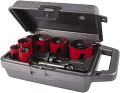 M.K. MORSE - 8 Piece, 7/8" to 2-1/2" Saw Diam, Electrician's Hole Saw Kit - Bi-Metal, Toothed Edge, Pilot Drill Model No. MAPD301, Includes 3 Hole Saws - Exact Tool & Supply