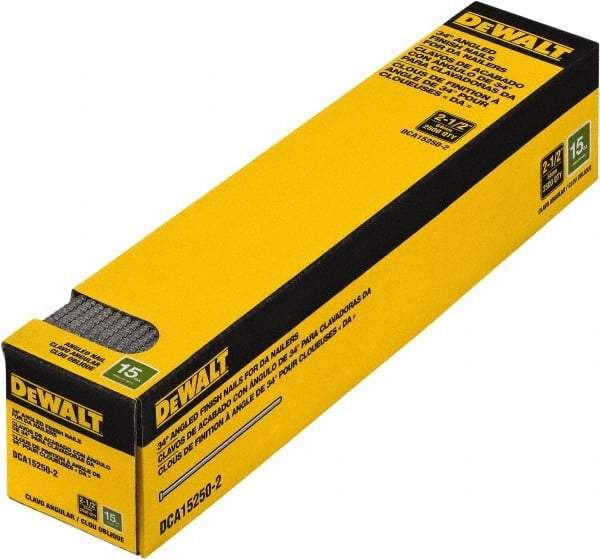 DeWALT - 15 Gauge 2-1/2" Long Finishing Nails for Power Nailers - Steel, Bright Finish, Smooth Shank, Angled Stick Collation, Round Head, Chisel Point - Exact Tool & Supply