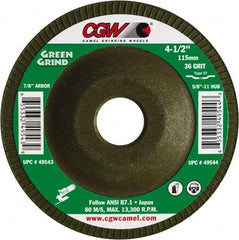 Camel Grinding Wheels - 36 Grit, 7" Wheel Diam, 5/32" Wheel Thickness, 7/8" Arbor Hole, Type 27 Depressed Center Wheel - Medium Grade, Zirconia Alumina, Resinoid Bond, 8,600 Max RPM - Exact Tool & Supply