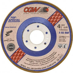 Camel Grinding Wheels - 60 Grit, 4-1/2" Wheel Diam, 1/8" Wheel Thickness, 7/8" Arbor Hole, Type 29 Depressed Center Wheel - Medium Grade, Aluminum Oxide, Resinoid Bond, 13,300 Max RPM - Exact Tool & Supply