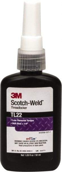 3M - 50 mL Bottle, Purple, Low Strength Liquid Threadlocker - Series TL22, 24 hr Full Cure Time, Hand Tool Removal - Exact Tool & Supply