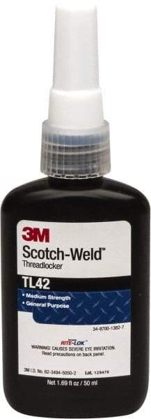 3M - 50 mL Bottle, Blue, Medium Strength Liquid Threadlocker - Series TL42, 24 hr Full Cure Time, Hand Tool Removal - Exact Tool & Supply