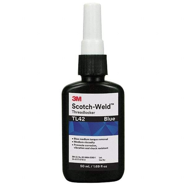 3M - 250 mL Bottle, Blue, Medium Strength Liquid Threadlocker - Series TL42, 24 hr Full Cure Time, Hand Tool Removal - Exact Tool & Supply