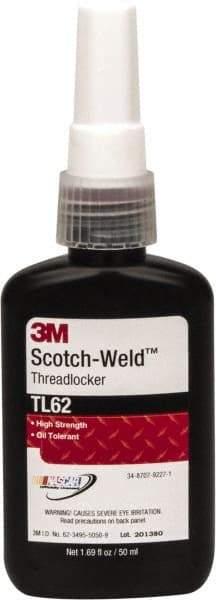 3M - 50 mL Bottle, Red, Medium Strength Liquid Threadlocker - Series TL62, 24 hr Full Cure Time, Hand Tool, Heat Removal - Exact Tool & Supply