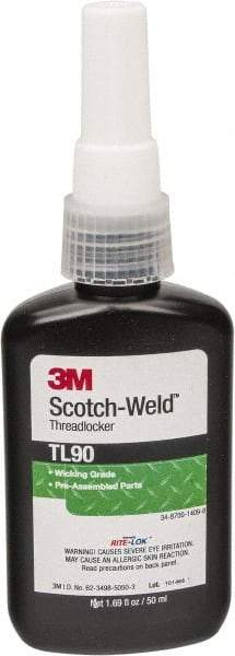 3M - 50 mL Bottle, Purple, Medium Strength Liquid Threadlocker - Series TL90, 24 hr Full Cure Time, Hand Tool Removal - Exact Tool & Supply