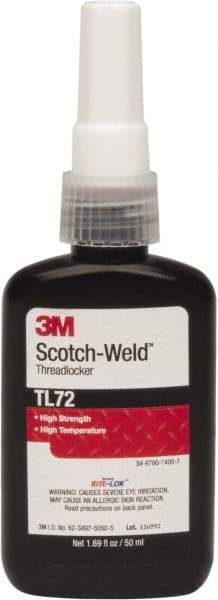 3M - 50 mL Bottle, Red, High Strength Liquid Threadlocker - Series TL72, 24 hr Full Cure Time, Hand Tool, Heat Removal - Exact Tool & Supply