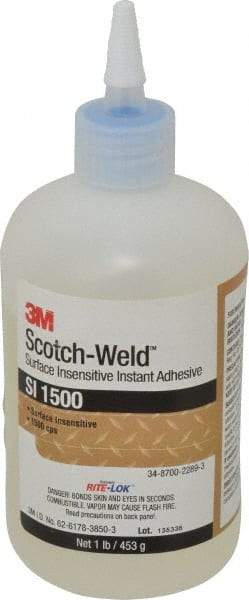 3M - 1 Lb Bottle Clear Instant Adhesive - Series SI1500, 5 to 60 sec Working Time, 24 hr Full Cure Time, Bonds to Cardboard, Ceramic, Fabric, Fiberglass, Foam, Glass, Leather, Metal, Paper, Plastic, Rubber, Vinyl & Wood - Exact Tool & Supply