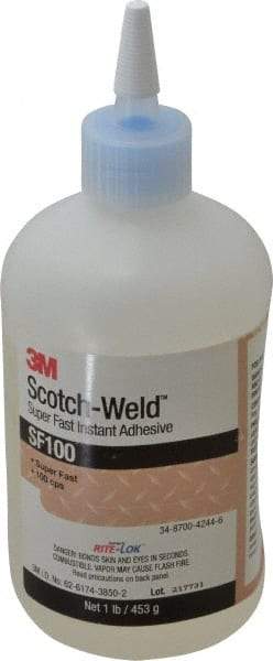3M - 1 Lb Bottle Clear Instant Adhesive - Series SF100, 3 to 30 sec Working Time, 24 hr Full Cure Time, Bonds to Cardboard, Ceramic, Fabric, Fiberglass, Foam, Glass, Leather, Metal, Paper, Plastic, Rubber, Vinyl & Wood - Exact Tool & Supply