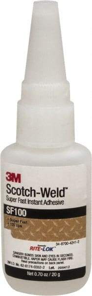 3M - 0.71 oz Bottle Clear Instant Adhesive - Series SF100, 3 to 30 sec Working Time, 24 hr Full Cure Time, Bonds to Cardboard, Ceramic, Fabric, Fiberglass, Foam, Glass, Leather, Metal, Paper, Plastic, Rubber, Vinyl & Wood - Exact Tool & Supply