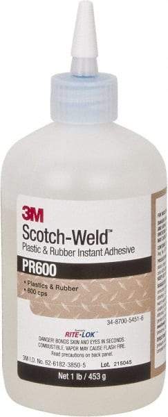 3M - 1 Lb Bottle Clear Instant Adhesive - Series PR600, 4 to 25 sec Working Time, 24 hr Full Cure Time, Bonds to Cardboard, Ceramic, Fabric, Fiberglass, Foam, Glass, Leather, Metal, Paper, Plastic, Rubber, Vinyl & Wood - Exact Tool & Supply