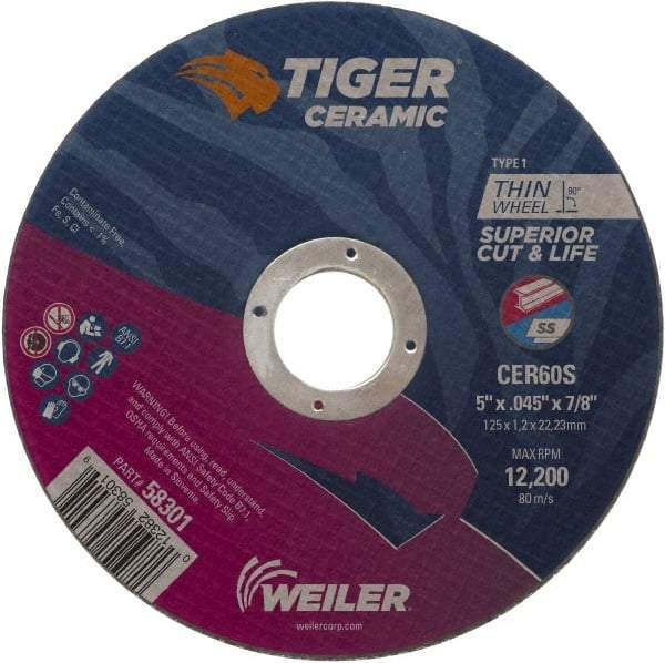Weiler - 5" 60 Grit Ceramic Cutoff Wheel - 0.045" Thick, 7/8" Arbor, 12,200 Max RPM, Use with Angle Grinders - Exact Tool & Supply