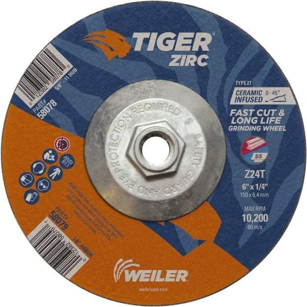 Weiler - 24 Grit, 6" Wheel Diam, Type 27 Depressed Center Wheel - Hard Grade, Zirconia Alumina, T Hardness, 10,200 Max RPM - Exact Tool & Supply